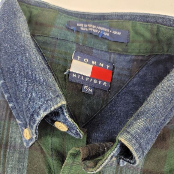 Vintage Y2K 90s Tommy Hilfiger Crest Long Sleeve Button Down Denim Plaid Shirt - Picture 3 of 14